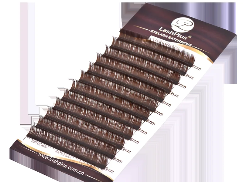 Brown lash extension tray with the length scale printed on the card