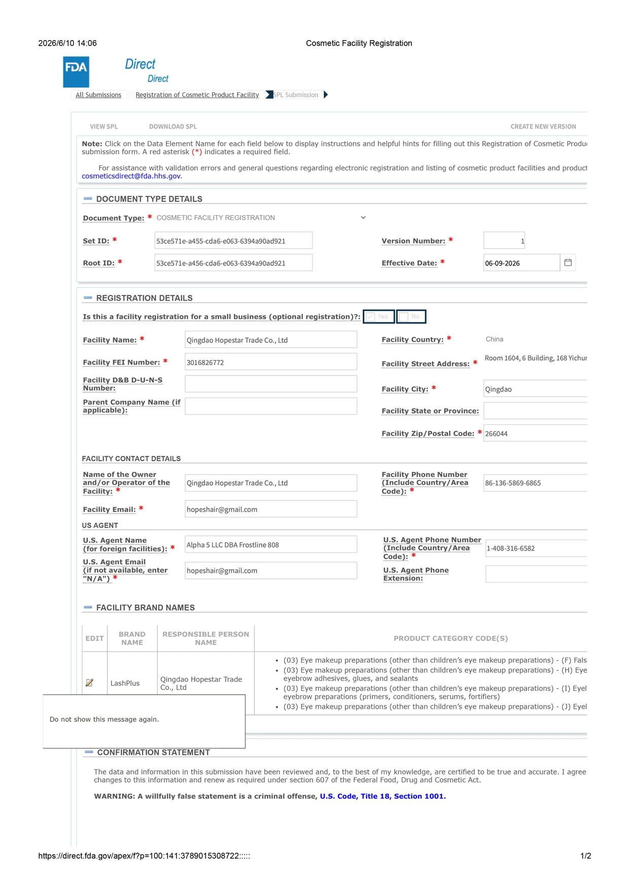 LashPlus U.S. FDA cosmetic facility registration