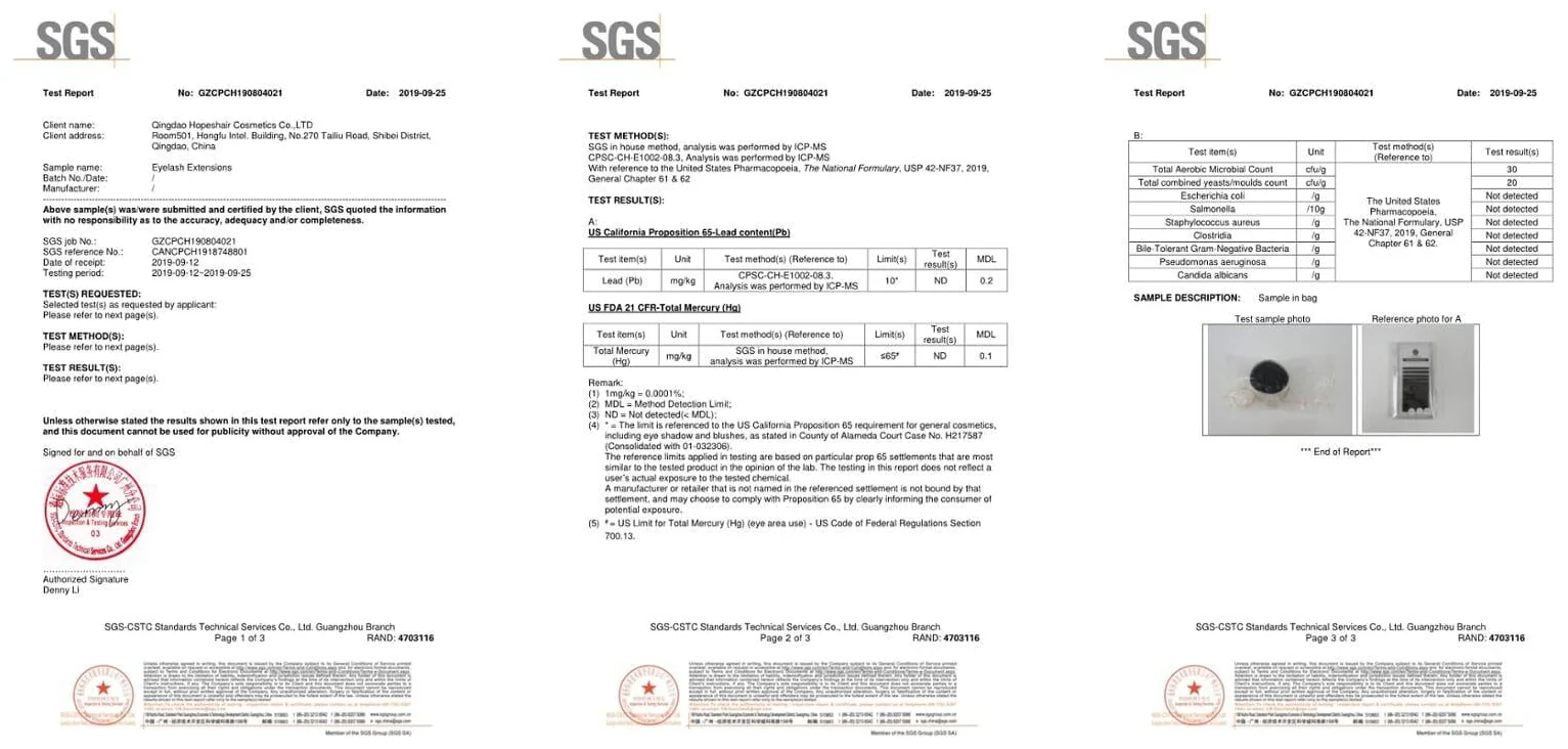 SGS test report for LashPlus eyelash extensions — US Prop 65 lead and US FDA total mercury both Not Detected, microbial panel within USP limits