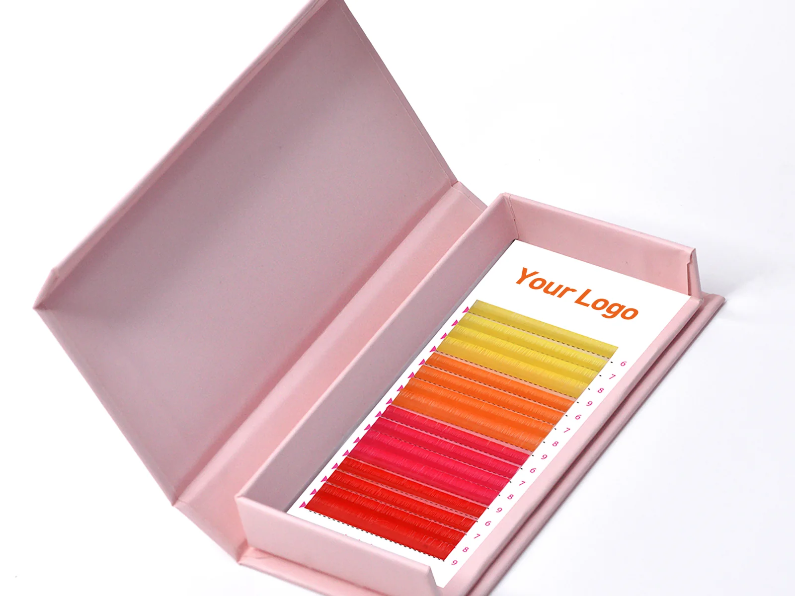 Colored lash extension rows in a private-label magnetic box