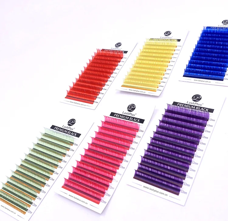 Five colored lash trays: red, yellow, blue, green and purple