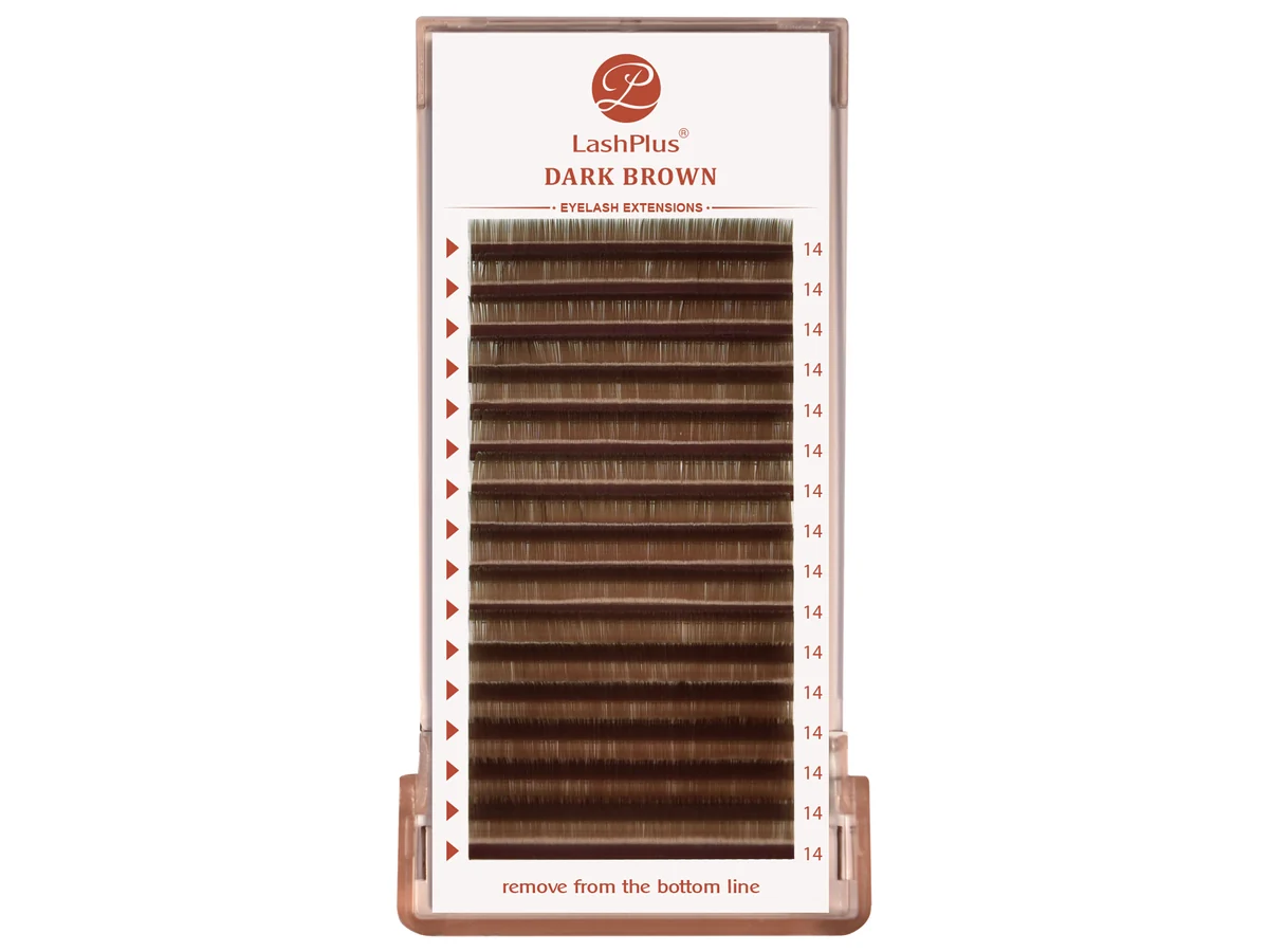 LashPlus Dark Brown lash extension tray, the shade printed on the card, rows on the length scale