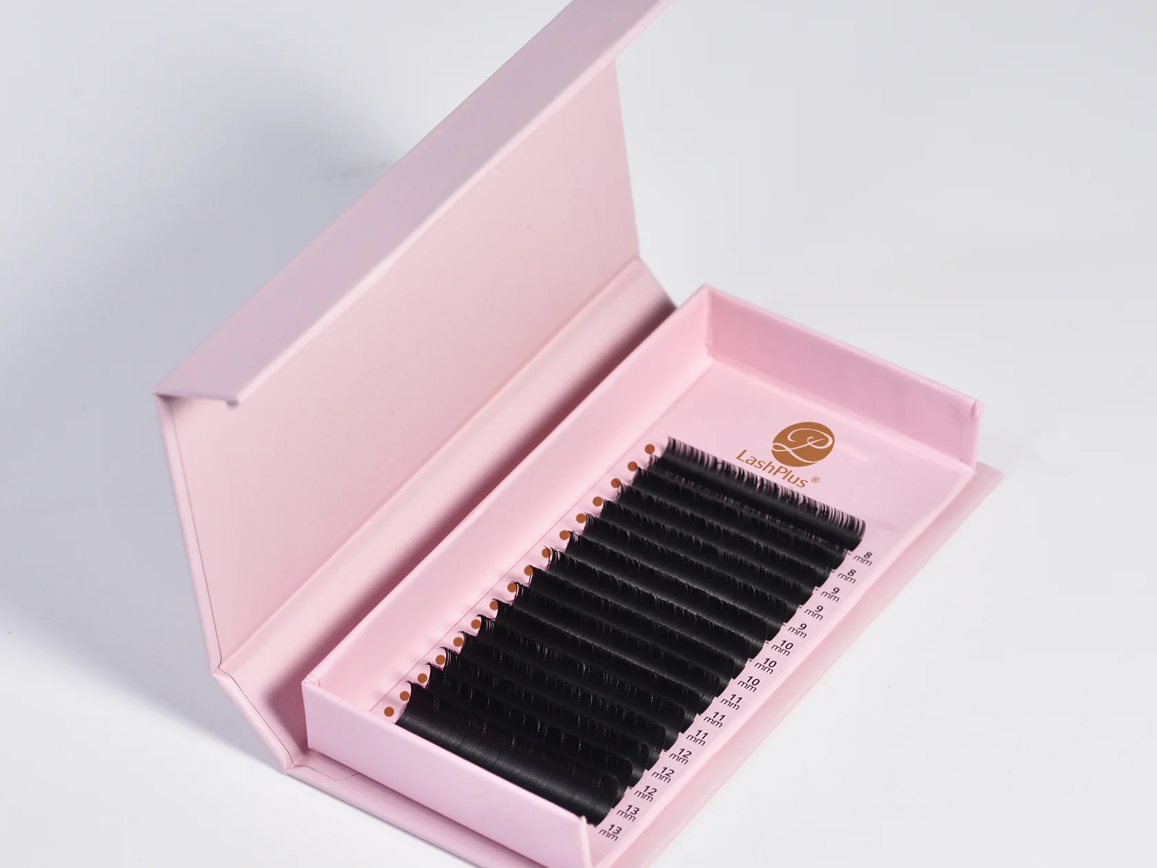 Lash extension tray seated in an open private-label box
