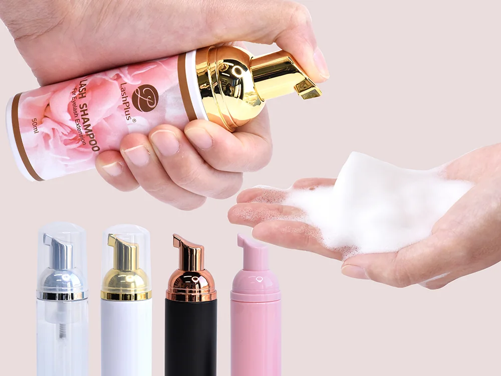 LashPlus lash shampoo foamed in the hand beside the private-label bottles