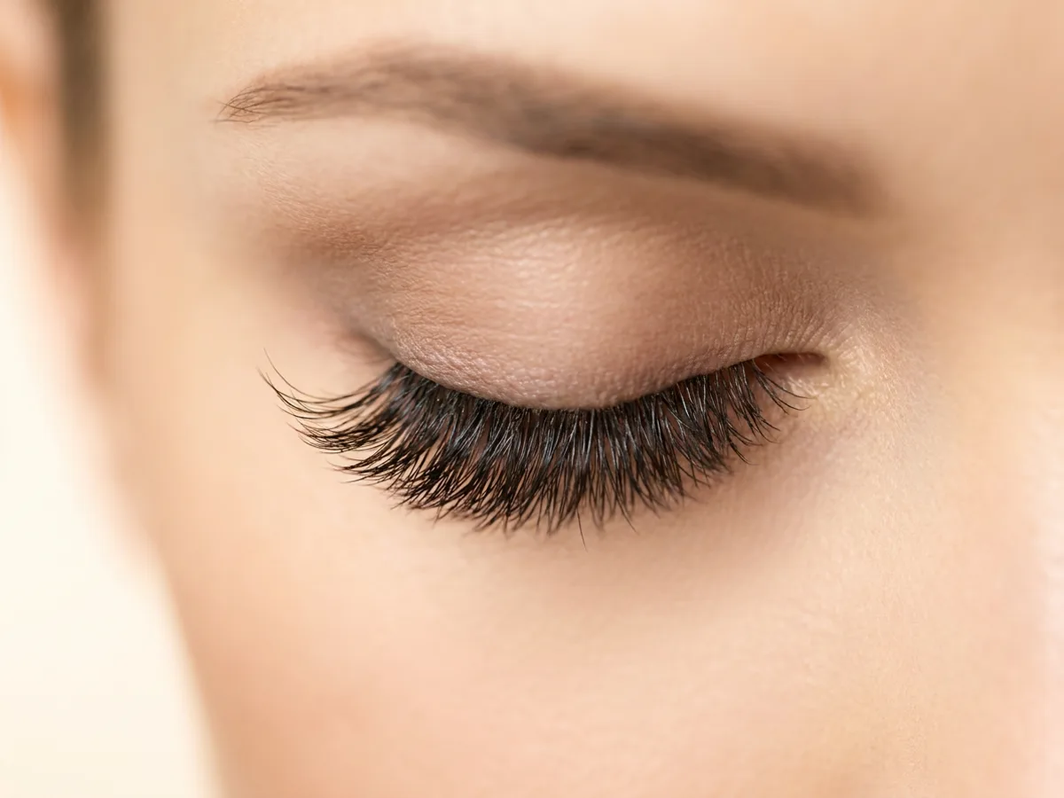 Doll / Barbie lash style — applied volume set, closed-lid macro