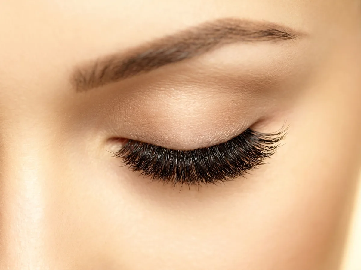 Glam / Mega lash style — applied volume set, closed-lid macro