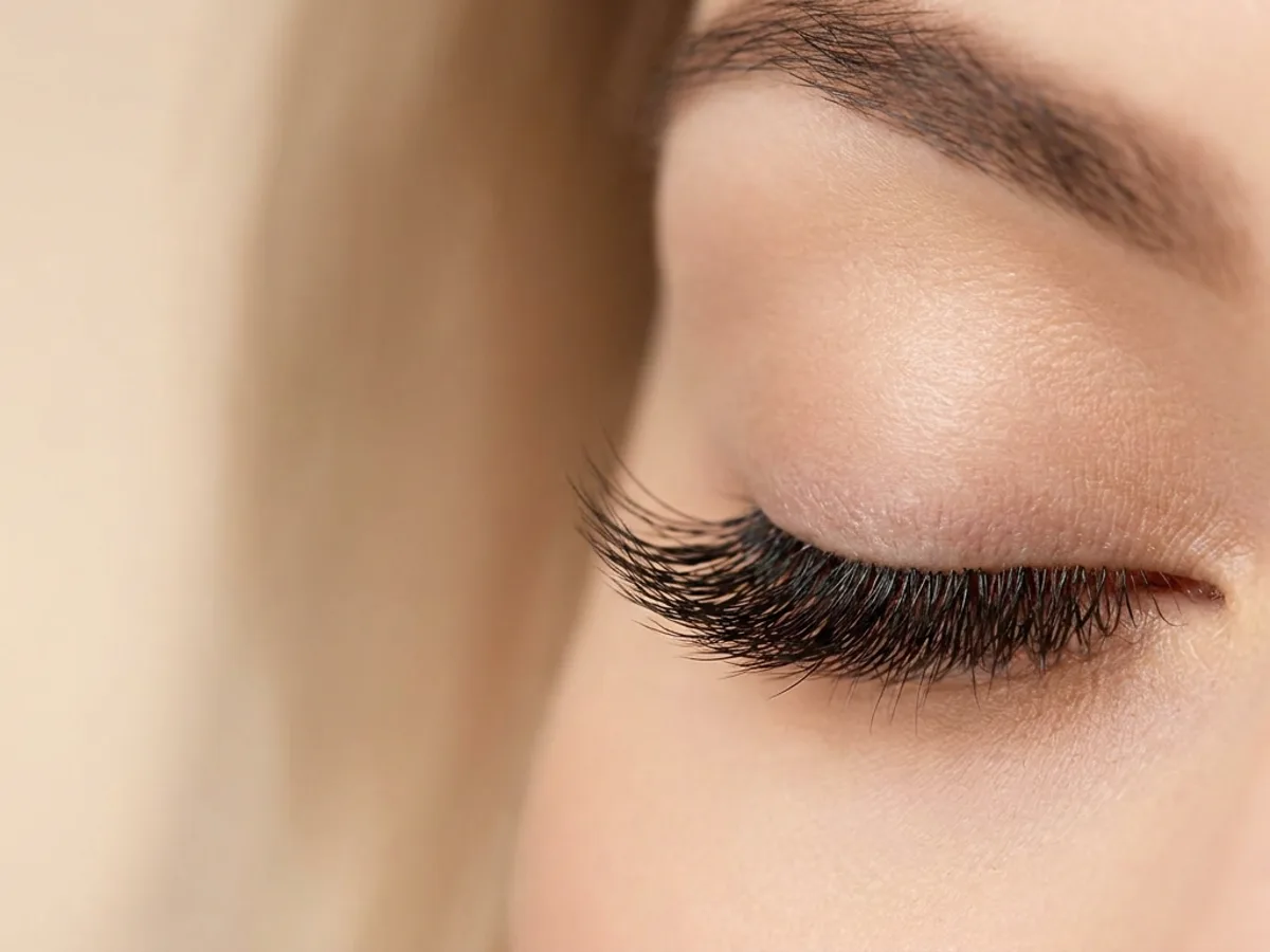 Reverse Cat lash style — applied volume set, closed-lid macro