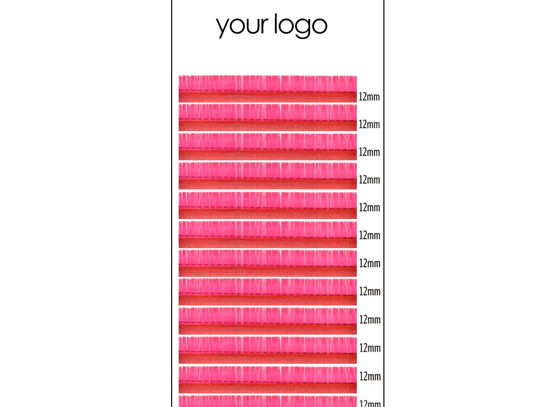 Pink lash extension tray with the length scale on the card, ready for a private-label logo