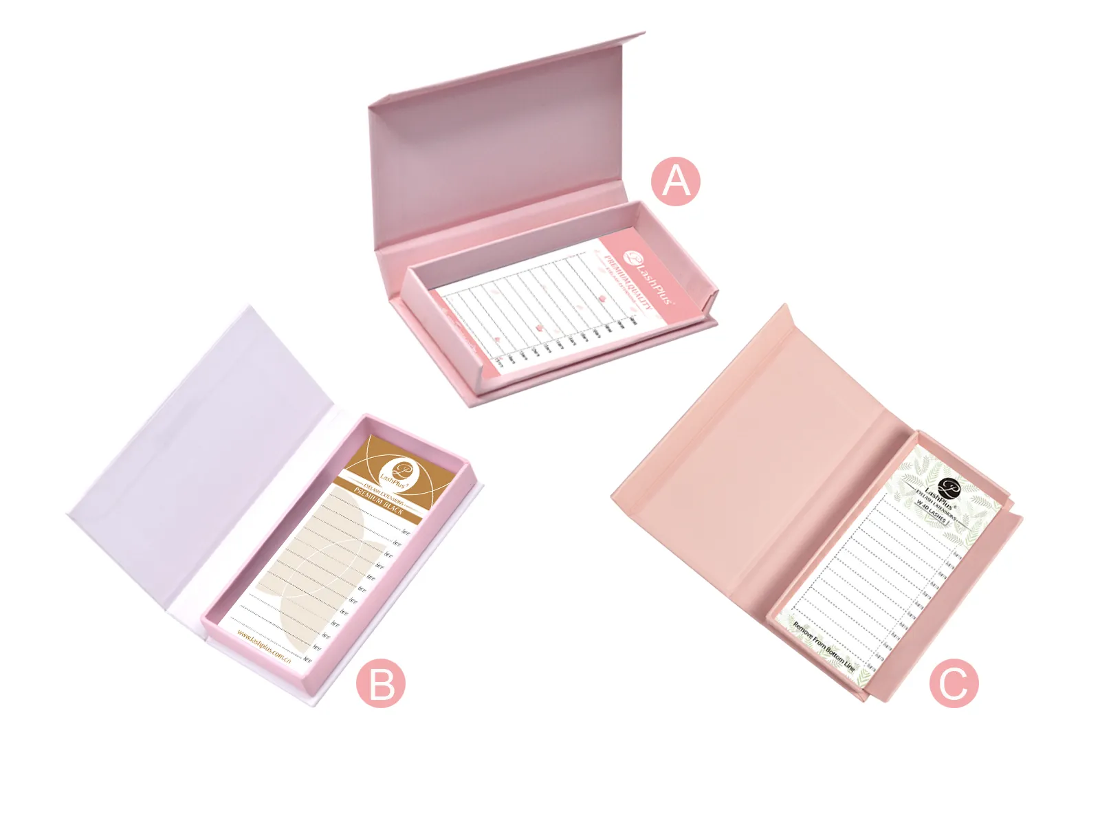 LashPlus custom lash packaging color range, pink/nude