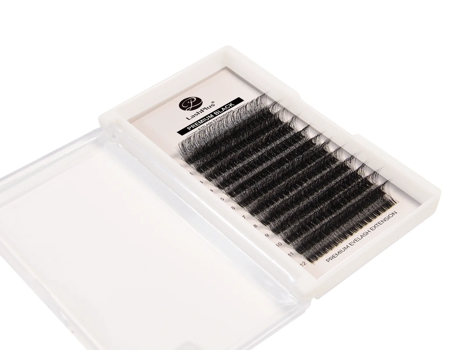 LashPlus one-touch premade fan lash extensions tray, 960 fans taped at the base and packed in 16 lines