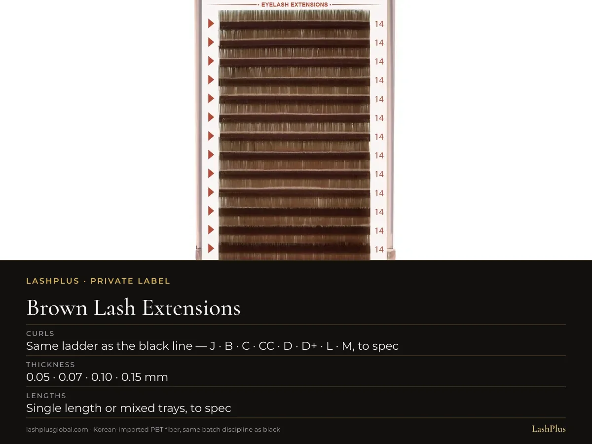 LashPlus Dark Brown lash extension tray, the shade printed on the card, rows on the length scale: Same ladder as the black line — J · B · C · CC · D · D+ · L · M, to spec curl, 0.05 · 0.07 · 0.10 · 0.15 mm, Single length or mixed trays, to spec