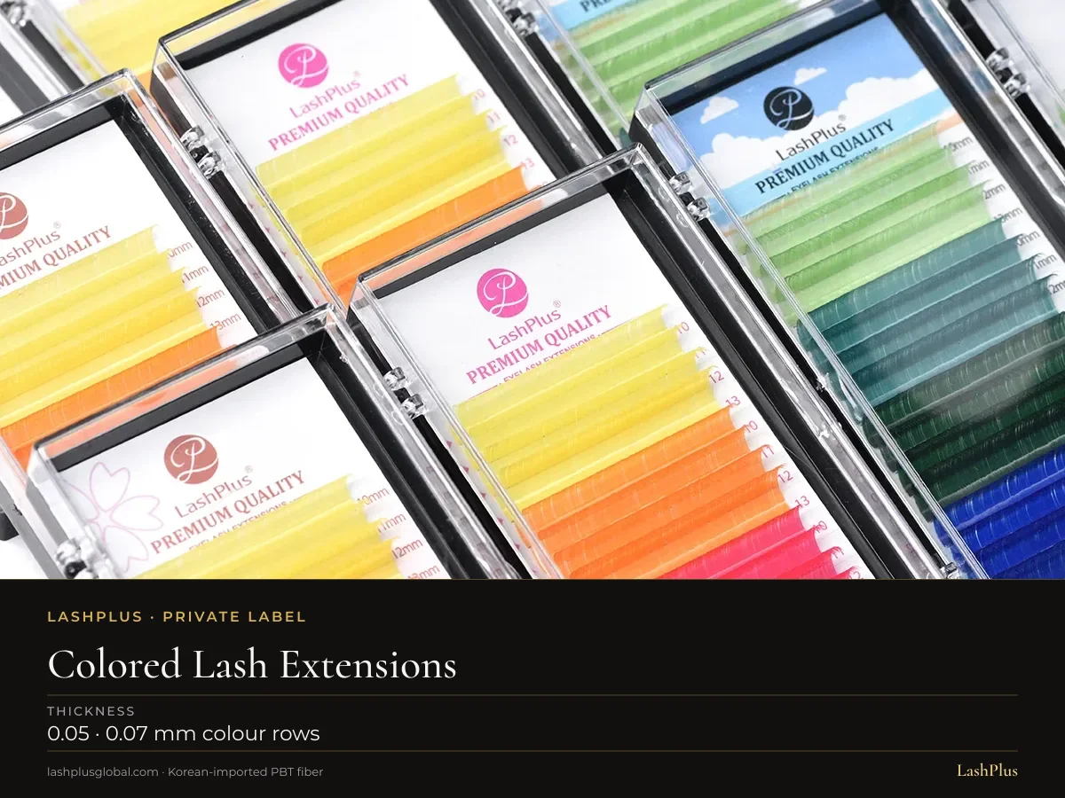 LashPlus colored lash extension trays stacked, yellow to green: 0.05 · 0.07 mm colour rows