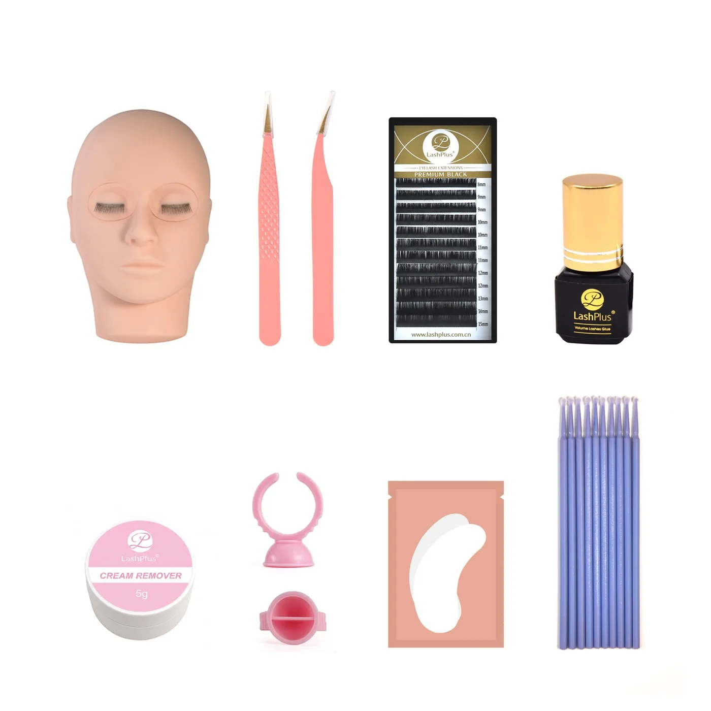 LashPlus starter kit laid out: trays, tweezers, adhesive, mannequin and tools