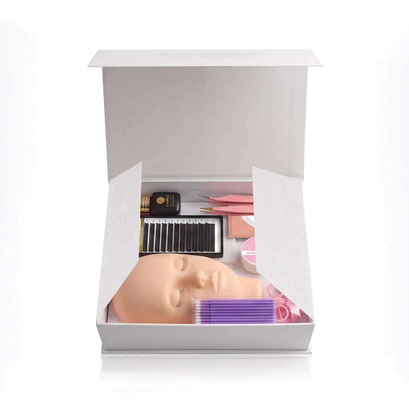 LashPlus private-label lash extension starter kit — magnetic box with practice head, tweezers, lash tray, glue, remover, glue ring, eye pads and micro brushes