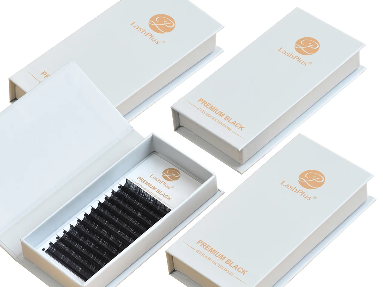 White private-label lash boxes with a filled tray between them